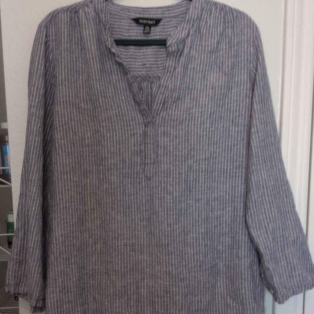 Ellen Tracy Tunic Top Womens XL Blue White Pinstripe 100% Linen Roll Tab Sleeve